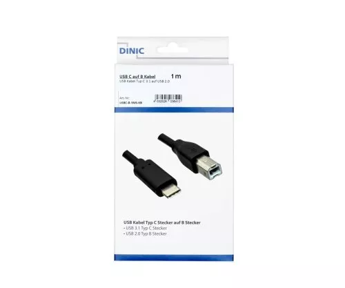 Cable USB tipo C a conector USB 2.0 B, negro, 1,00 m, caja DINIC (caja de cartón)